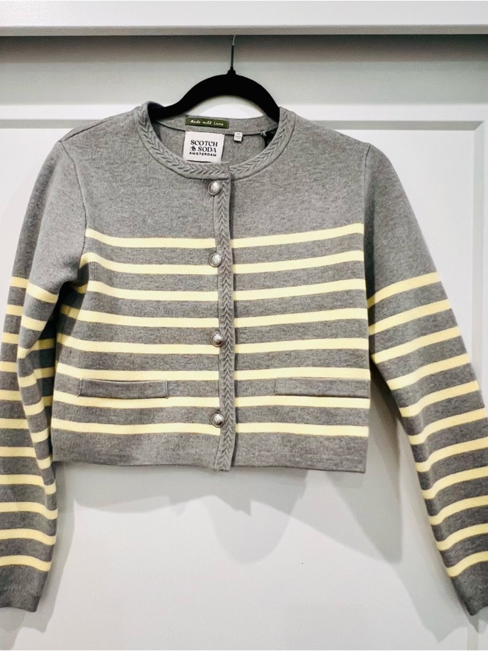 Scotch & Soda Amsterdam Striped Cardigan XS Gray Yellow Button Front NWT - Picture 2 of 9